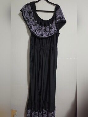 Wide Leg Cato Black Off The Shoulder Romper with Lavender Embroidery 26/28